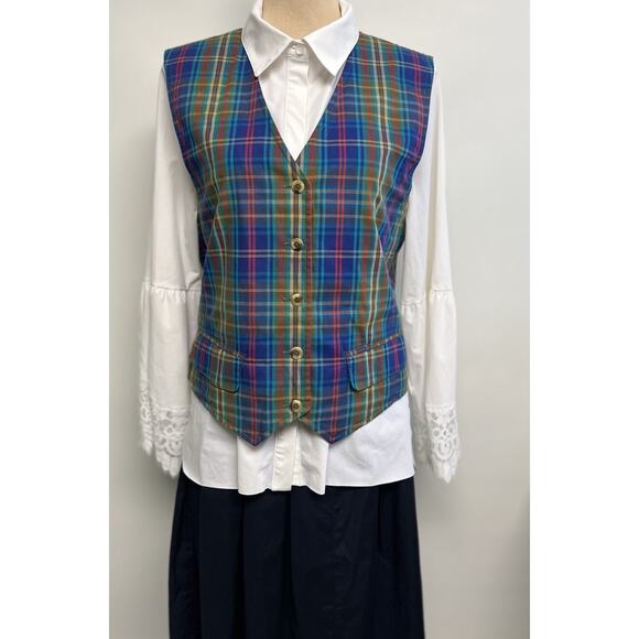 Vintage Womens Plaid Tartan Vest Medium Academia Boho 90s Preppy Classic Cotton - Picture 2 of 14